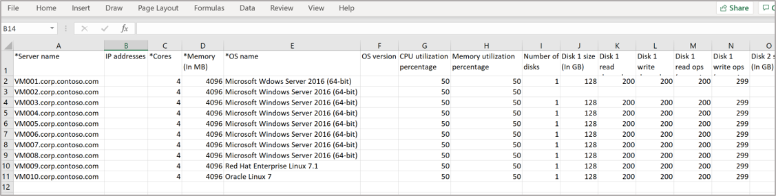 An example CSV file with the Server name, number of cores, Operating system name, CPU utilization, and disk information filled in.