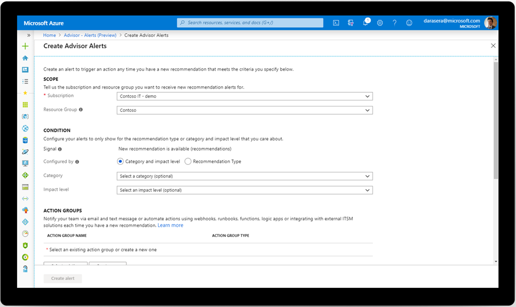 An image of the Microsoft Azure Advisor alert creation page.