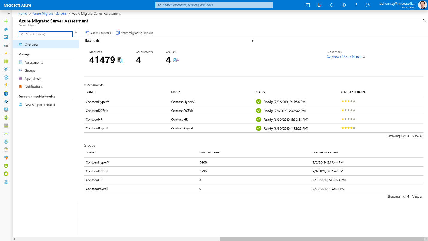 Microsoft Azure portal displaying the Server Assessment overview