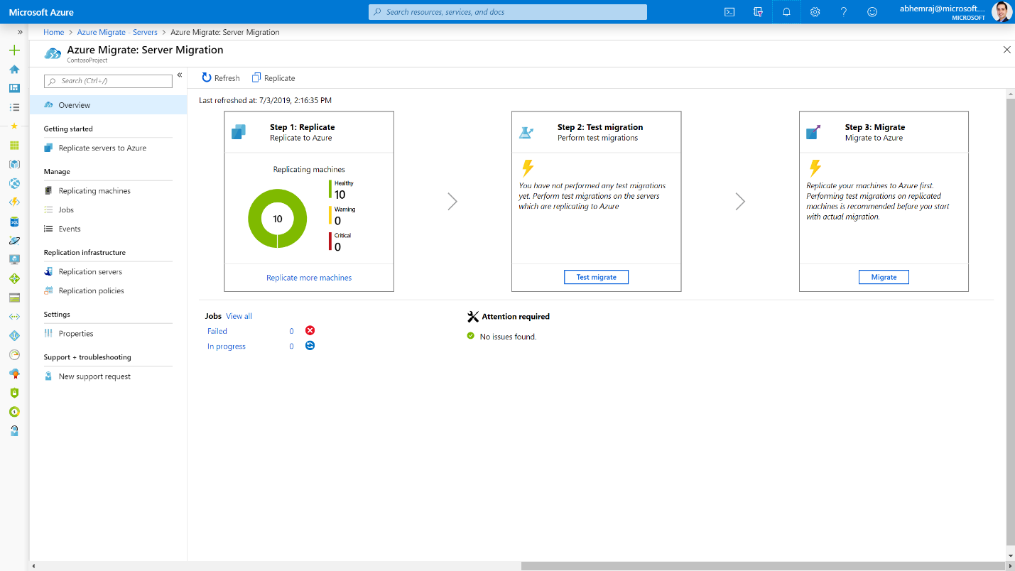 Microsoft Azure portal displaying the Server Migration overview