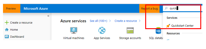 Screenshot of Azure portal search for quickstart center
