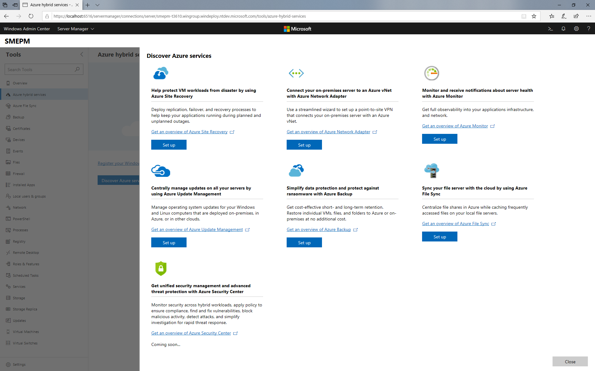 Screenshot of the Windows Admin Center - Azure Hybrid Center