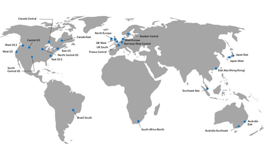 Orta ABD, Doğu ABD, Kuzey Avrupa vb. gibi Azure ürün bölgesi konumlarını gösteren bir dünya haritası.