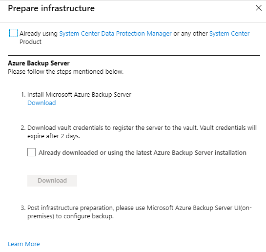 Azure Backup Sunucusu için altyapıyı hazırlama adımlarını gösteren ekran görüntüsü.