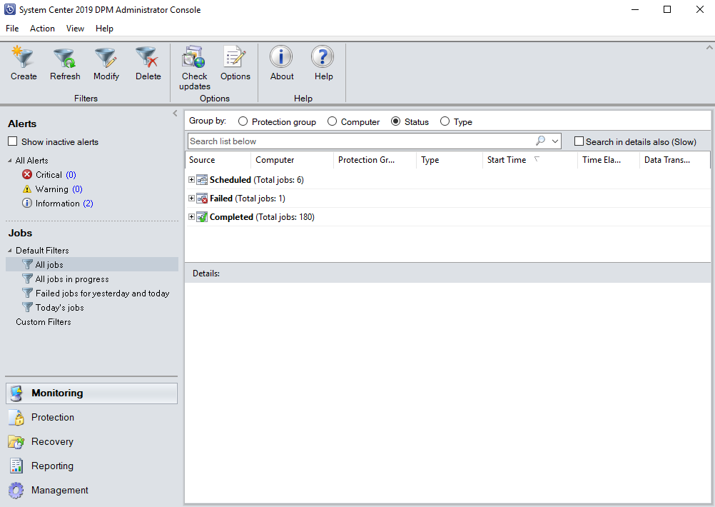 Azure Backup Sunucusu'ndaki yedekleme işlerini gösteren ekran görüntüsü.