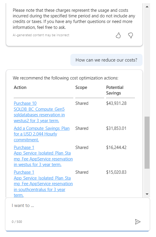 Azure için Microsoft Copilot'ı (önizleme) gösteren ve maliyetleri azaltmaya yönelik önerilerin listesini sağlayan ekran görüntüsü.