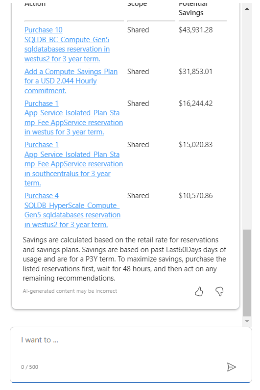 Azure için Microsoft Copilot'ı (önizleme) gösteren ekran görüntüsü, maliyetleri azaltmaya yönelik öneriler listesine devam ediyor.