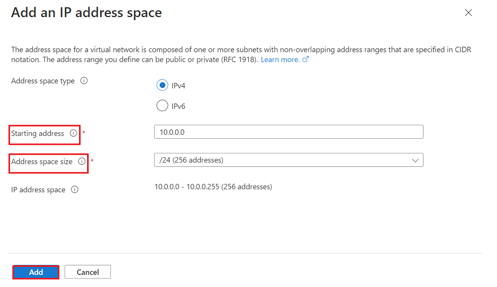 Bir sanal ağ için IP adresi alanı ekleme seçimlerinin ekran görüntüsü.