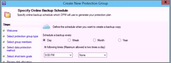 Çevrimiçi yedekleme zamanlamasını ve koruma planınızı oluşturmak için hangi DPN'nin kullanıldığını belirtmek için Yeni Koruma Grubu Oluşturma Sihirbazı'nı gösteren ekran görüntüsü.