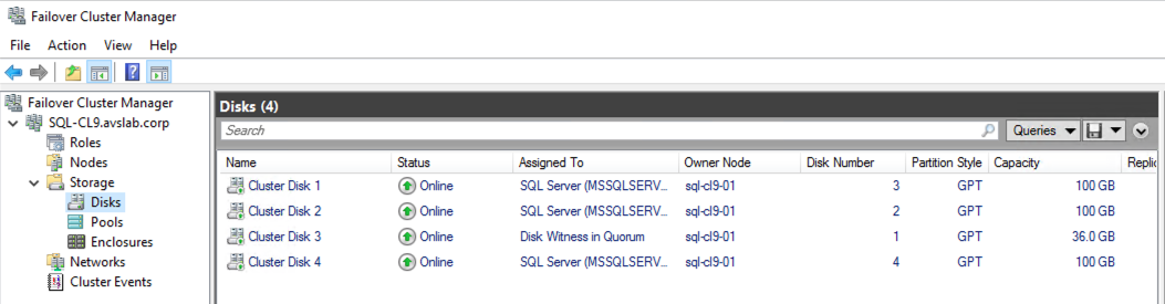 Diyagramda Windows Server Yük Devretme Kümesi Yöneticisi küme depolama doğrulaması gösterilmektedir.