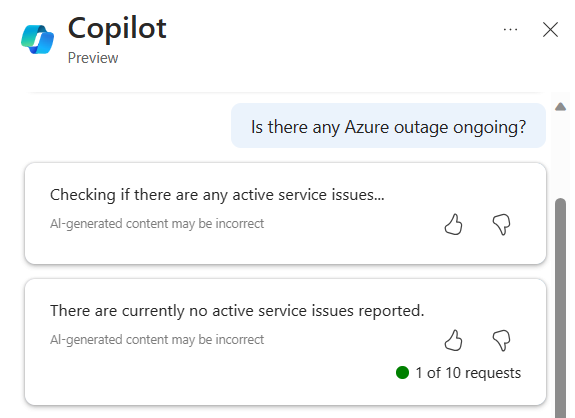 Hizmet sorunları ve planlı bakım hakkında bilgi sağlayan Azure için Microsoft Copilot'un (önizleme) ekran görüntüsü.