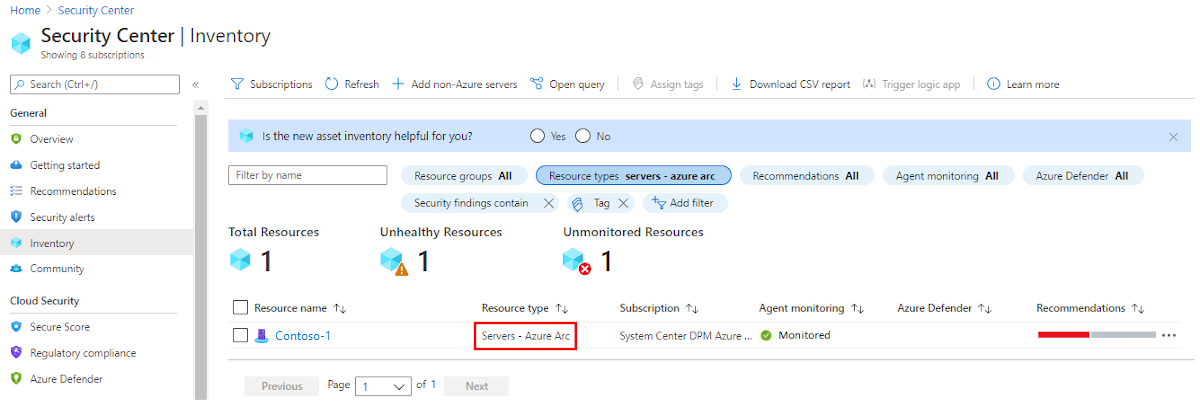 Kaynak türü altında Sunucular - Azure Arc'ın seçili olduğu Bulut Envanteri için Microsoft Defender sayfasını gösteren ekran görüntüsü.