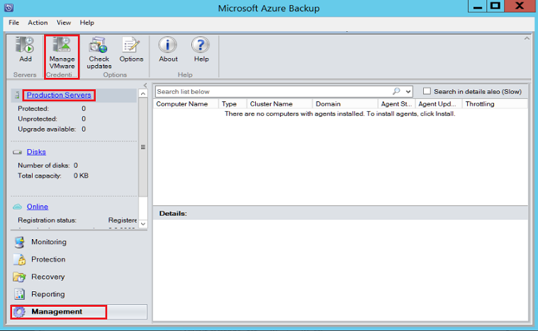 Microsoft Azure Backup konsolunu gösteren ekran görüntüsü.