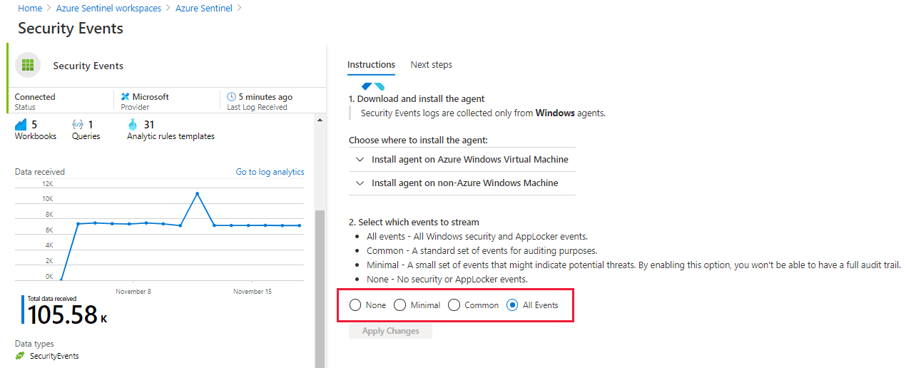 Microsoft Sentinel'de hangi olayların akışa alınacağını seçebileceğiniz Güvenlik Olayları sayfasının ekran görüntüsü.