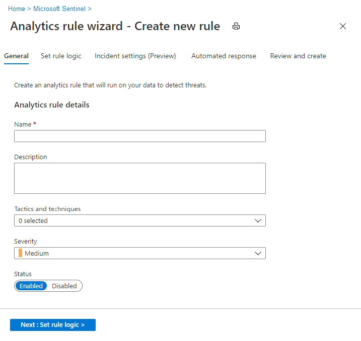 Microsoft Sentinel'de yeni bir kural oluşturmak için Analitik kural sihirbazını gösteren ekran görüntüsü.