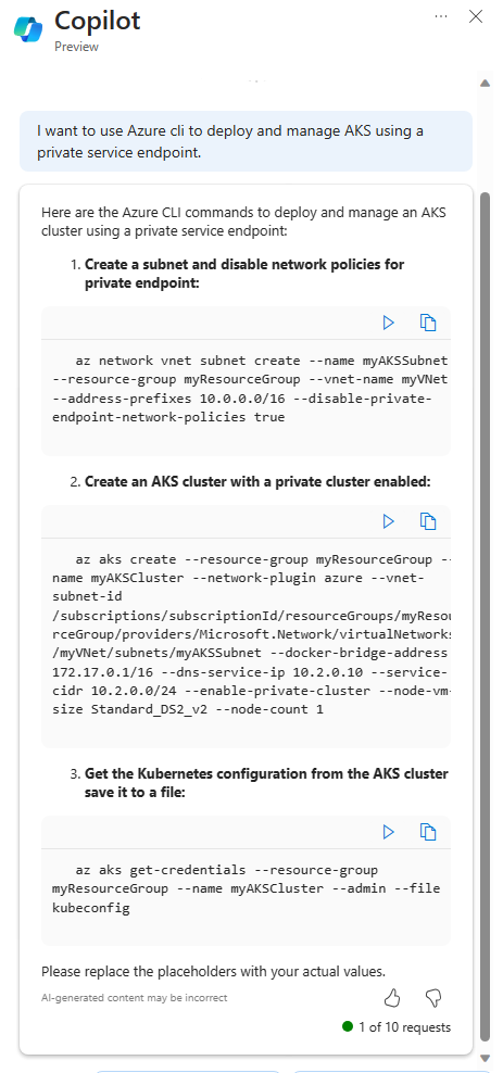 Özel hizmet uç noktası kullanarak AKS'yi dağıtmaya ve yönetmeye yönelik komutlar sağlayan Azure için Microsoft Copilot'ın (önizleme) ekran görüntüsü.