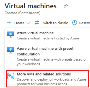 Screenshot of the More VMs and related solutions option from the Virtual machines page in the Azure portal.