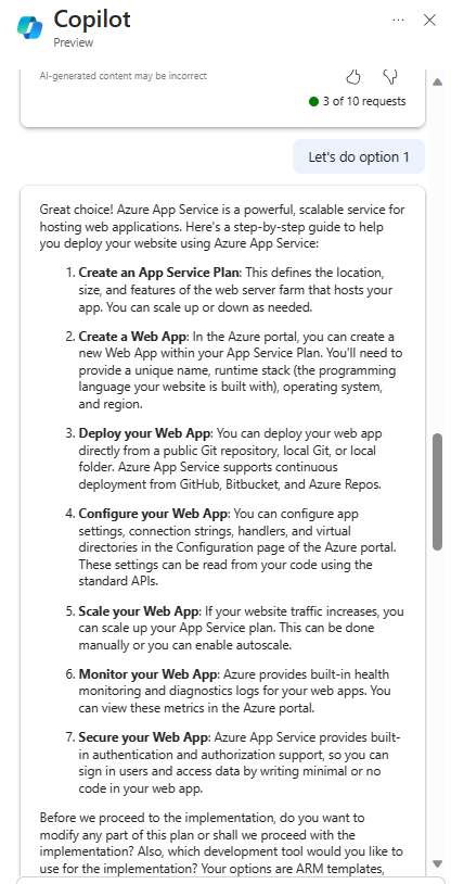 Screenshot showing Microsoft Copilot for Azure (preview) providing steps to deploy a website using Azure App Service.