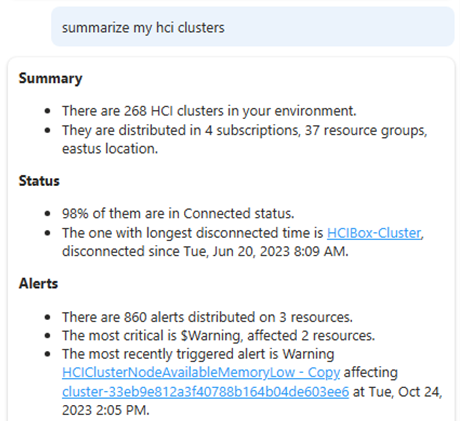 Screenshot showing Microsoft Copilot for Azure (preview) summarizing Azure Stack HCI clusters.