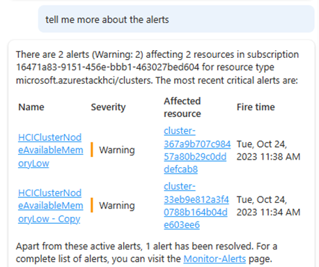 Screenshot showing Microsoft Copilot for Azure (preview) providing information about alerts affecting Azure Stack HCI clusters.