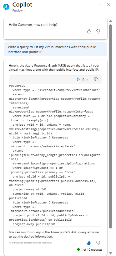 VM'leri listeleme isteğine yanıt veren Azure için Microsoft Copilot'ın ekran görüntüsü.