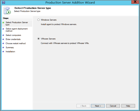 VMware Sunucuları seçeneğinin seçili olduğunu gösteren Üretim Sunucusu Ekleme Sihirbazı'nı gösteren ekran görüntüsü.