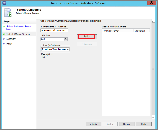 VMware vCenter Server'ı ve tanımlanan kimlik bilgilerini gösteren Üretim Sunucusu Ekleme Sihirbazı'nı gösteren ekran görüntüsü.