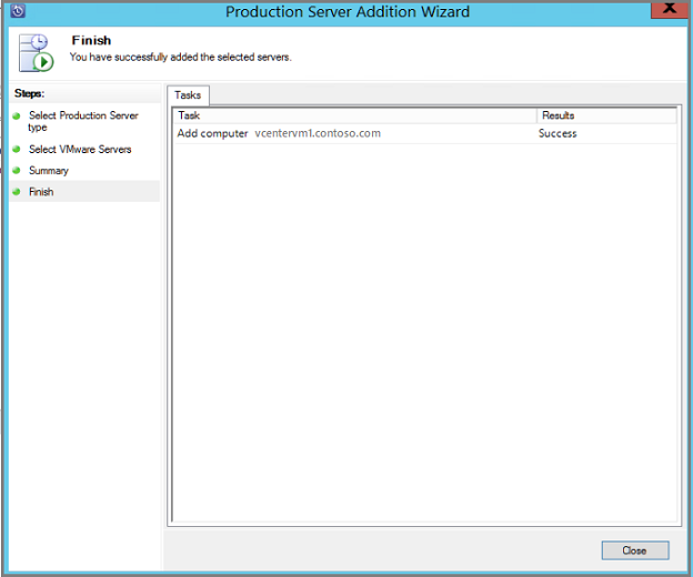 VMware vCenter Server'ın özetini ve eklenen kimlik bilgilerini gösteren Üretim Sunucusu Ekleme Sihirbazı'nı gösteren ekran görüntüsü.