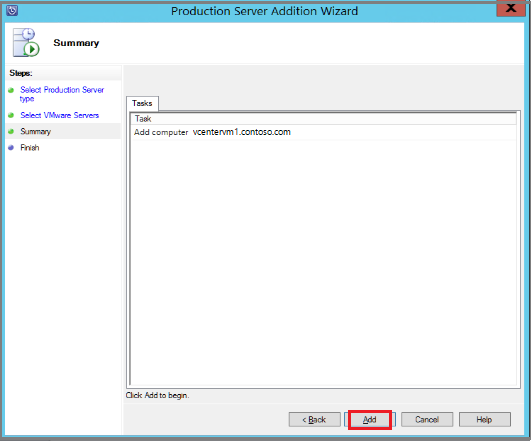 VMware vCenter Server'ın özetini ve tanımlanan kimlik bilgilerini ve seçili Ekle düğmesini gösteren Üretim Sunucusu Ekleme Sihirbazı'nı gösteren ekran görüntüsü.
